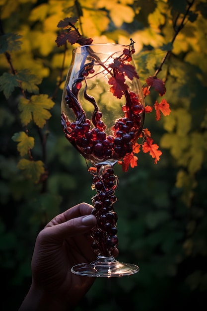 Uma pessoa segurando um copo de vinho desfrutando de uma celebração do pôr do sol