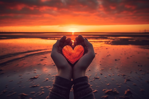 Foto uma pessoa segurando um coração nas mãos em uma praia com o sol se pondo atrás deles