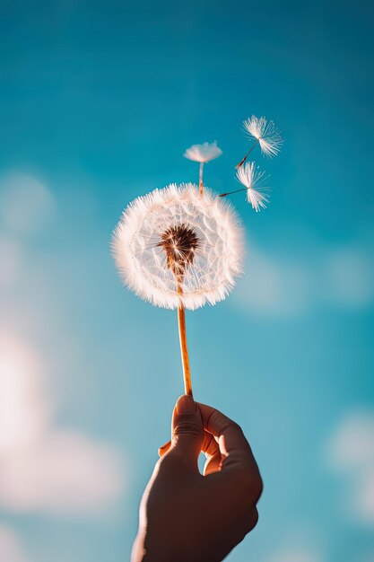 Foto uma pessoa segurando um dente-de-leão com o sol atrás deles