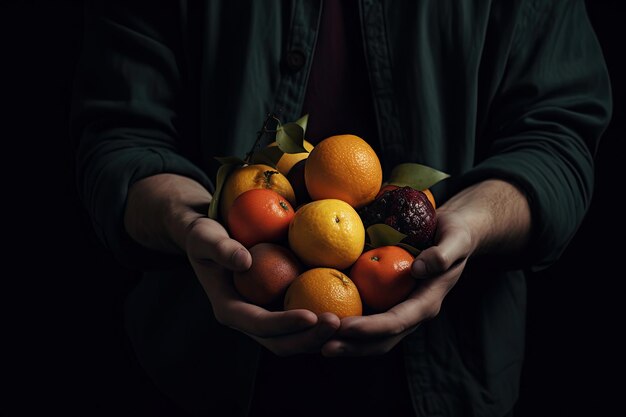 Foto uma pessoa segurando um feixe de frutas nas mãos