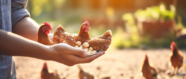 uma pessoa segurando um monte de galinhas nas mãos