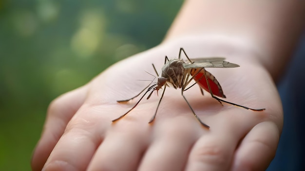 Foto uma pessoa segurando um mosquito que tem um corpo vermelho