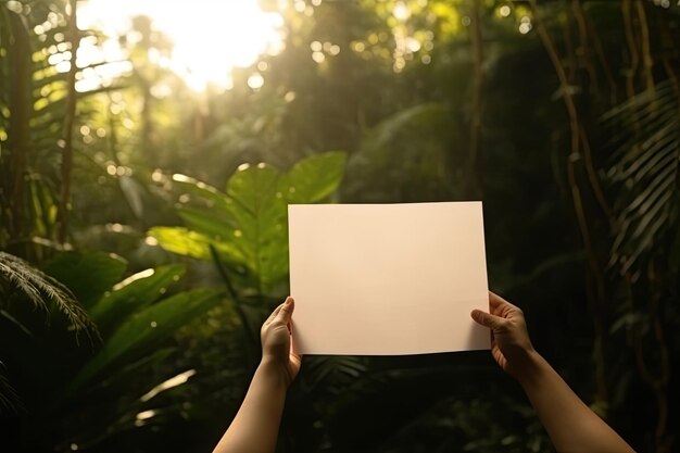 Uma pessoa segurando um papel branco em branco em uma floresta