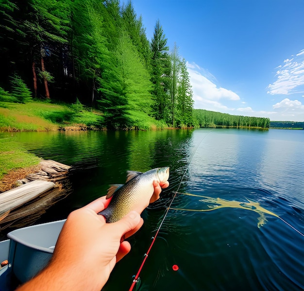 Uma pessoa segurando um peixe na mão e a água é azul.