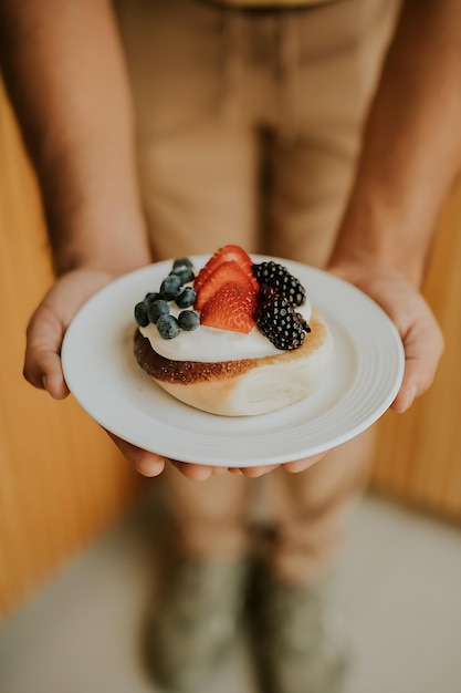 Uma pessoa segurando um prato com frutas