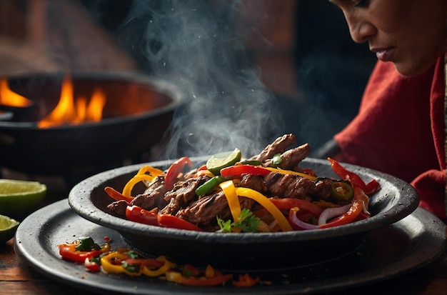 Uma pessoa segurando um prato de fajitas com um d