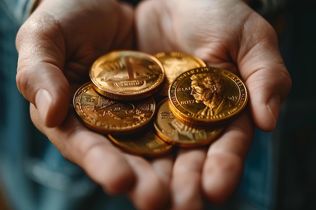 Uma pessoa segurando um punhado de moedas de ouro em suas mãos com uma estátua da liberdade no topo do ouro