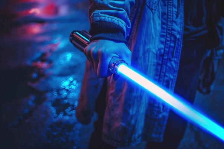 Foto uma pessoa segurando um sabre de luz azul com uma chama azul imagem generativa ai