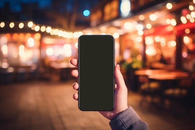 Uma pessoa segurando um smartphone na frente de um restaurante