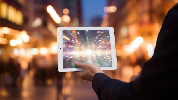 uma pessoa segurando um tablet com a palavra luz nele