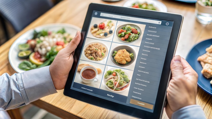 Foto uma pessoa segurando um tablet com um menu nele