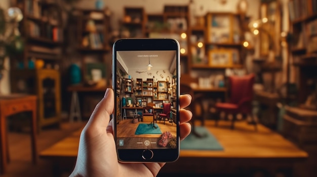 Uma pessoa segurando um telefone com a imagem de uma biblioteca na tela.