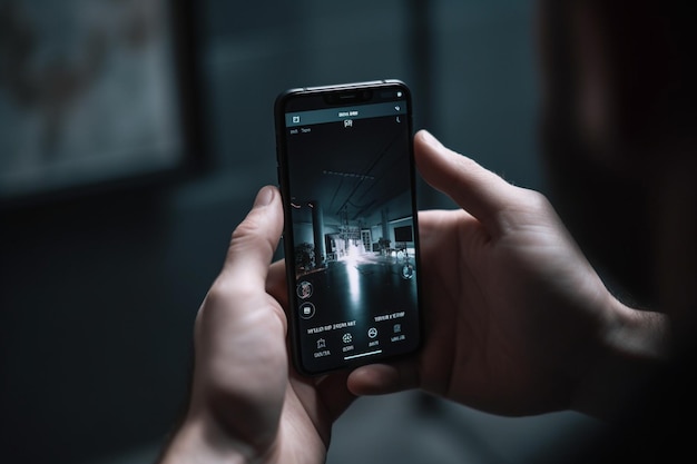 Uma pessoa segurando um telefone com a tela mostrando uma tela de vídeo mostrando uma sala escura com um fundo escuro.