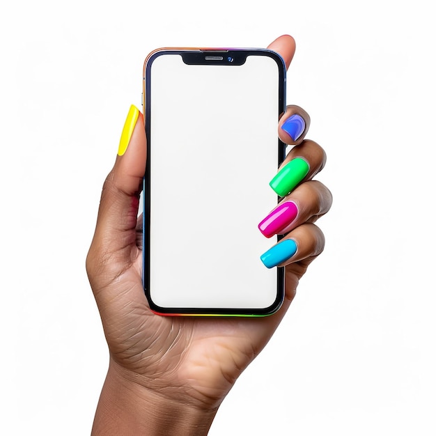 uma pessoa segurando um telefone com esmalte de unhas colorido