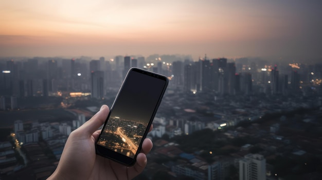 Uma pessoa segurando um telefone com uma cidade ao fundo