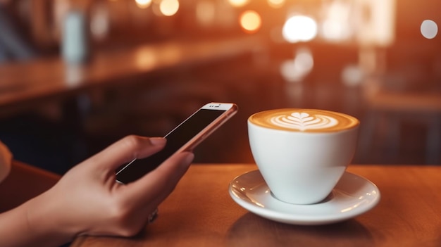 Uma pessoa segurando um telefone e uma xícara de café com um café ao fundo