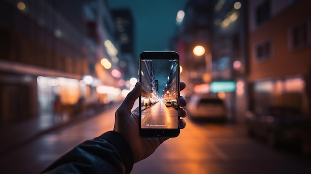 Uma pessoa segurando um telefone em uma rua com o texto: iphone 6.