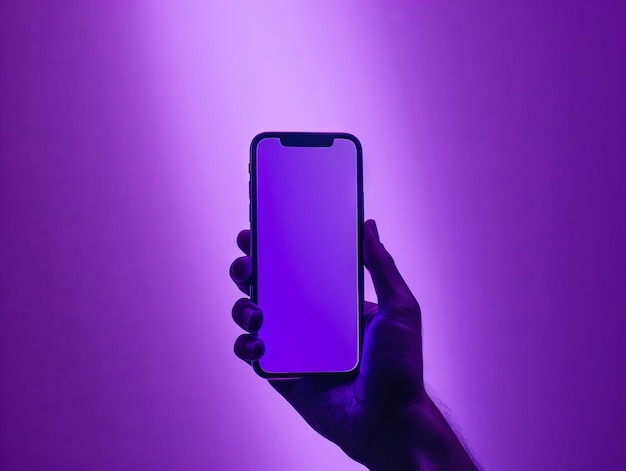 Uma pessoa segurando um telefone na frente de uma luz roxa
