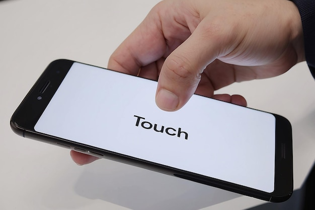 Uma pessoa segurando um telefone que tem uma tela branca que diz "toque" na tela