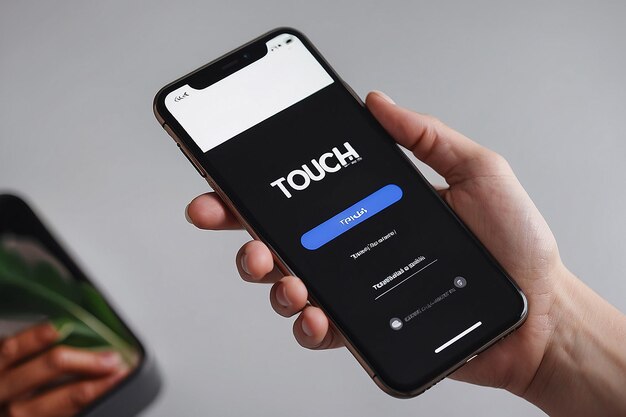 Uma pessoa segurando um telefone que tem uma tela branca que diz "toque" na tela