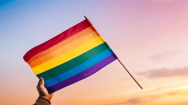 Foto uma pessoa segurando uma bandeira de arco-íris na frente de um pôr-do-sol