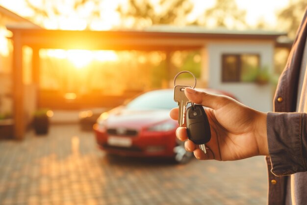 uma pessoa segurando uma chave de carro e um carro no fundo