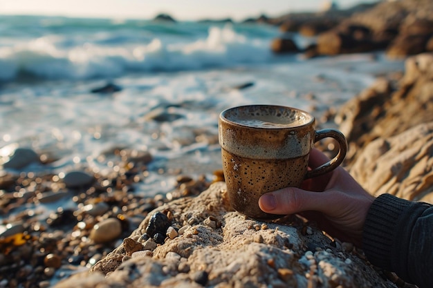 uma pessoa segurando uma chávena de café em uma praia