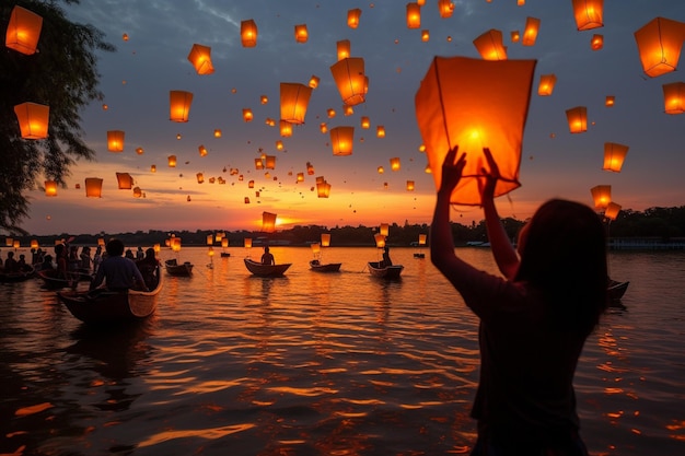 Uma pessoa segurando uma lanterna no ar ao pôr do sol