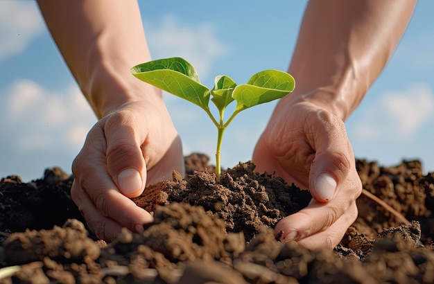 uma pessoa segurando uma pequena planta em suas mãos