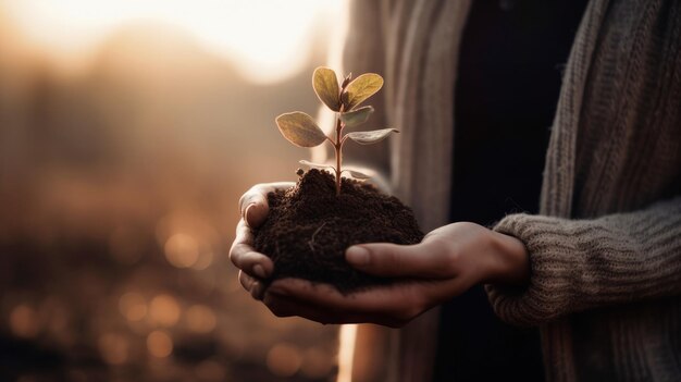 Foto uma pessoa segurando uma pequena planta em suas mãos
