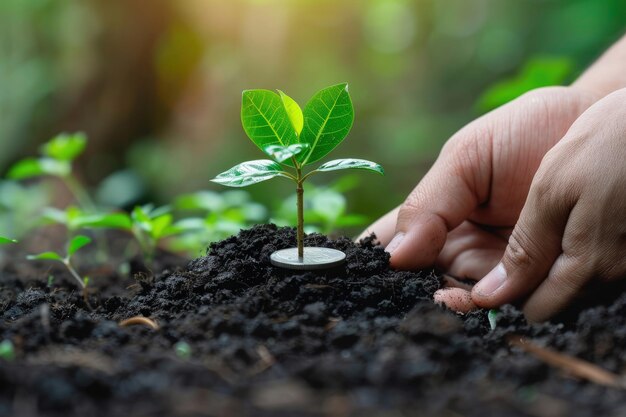 Uma pessoa segurando uma pequena planta verde na terra