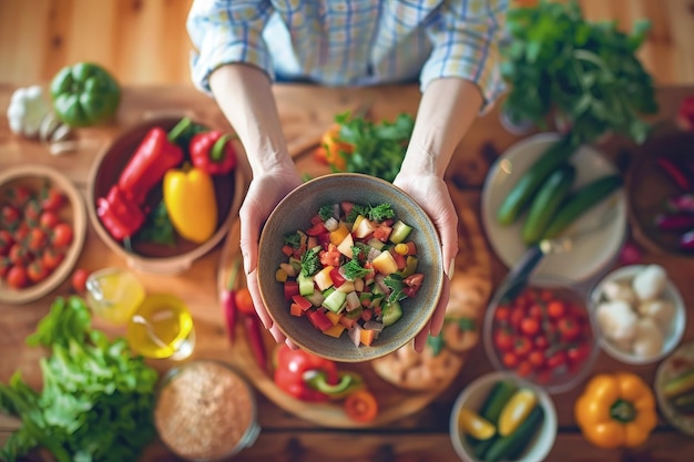 Uma pessoa segurando uma tigela cheia de vegetais