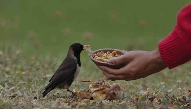 Foto uma pessoa segurando uma tigela de amendoins com um pássaro nela