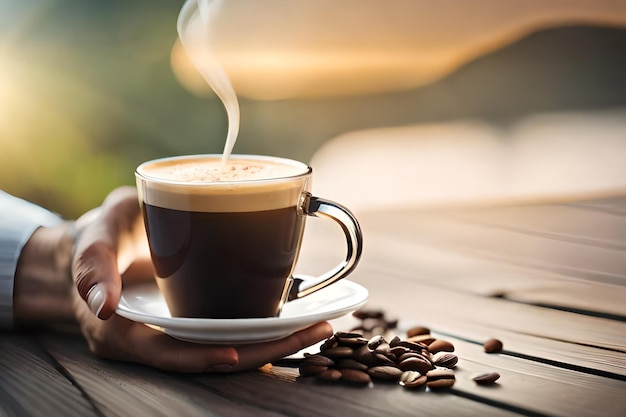 Uma pessoa segurando uma xícara de café com um livro sobre a mesa