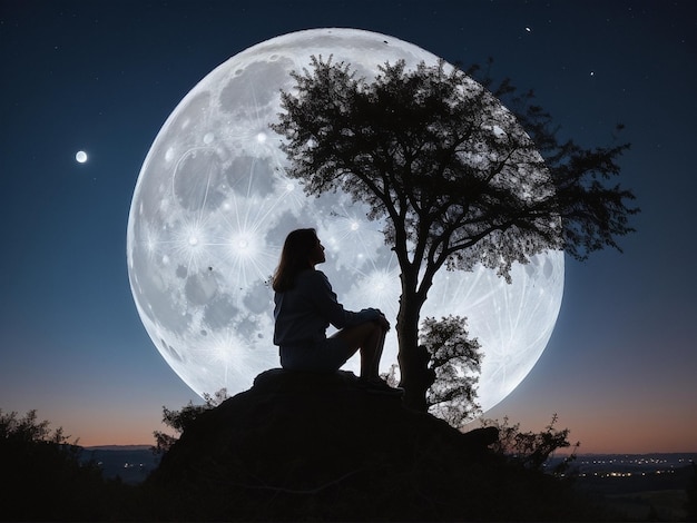 Foto uma pessoa sentada debaixo de uma árvore sob uma lua cheia fundo de lua cheia linda luz da lua