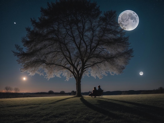 uma pessoa sentada debaixo de uma árvore sob uma lua cheia fundo de lua cheia linda luz da lua