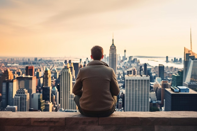 Uma pessoa sentada em um banco apreciando a vista do horizonte de uma cidade saúde mental