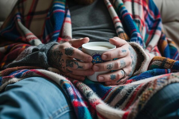 Foto uma pessoa sentada em um sofá segurando uma chávena de café