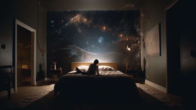 Uma pessoa sentada em uma cama em um quarto escuro