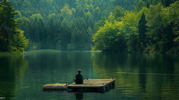 Uma pessoa sentada em uma doca de madeira pescando com uma vara