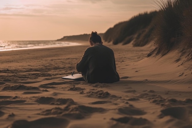 Uma pessoa sentada em uma praia escrevendo seus pensamentos na areia saúde mental