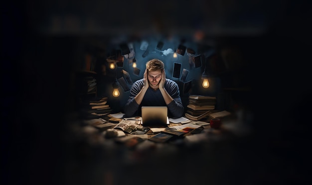 Foto uma pessoa sentada em uma sala mal iluminada, cercada por várias telas exibindo várias redes sociais