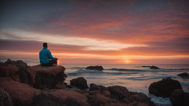 Foto uma pessoa sentada meditando sobre a rocha na costa ao pôr do sol, vista traseira