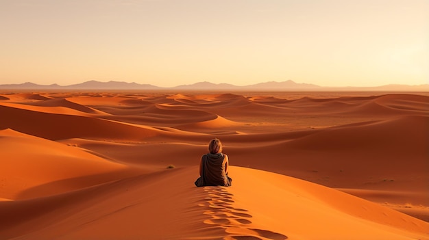 Uma pessoa sentada no deserto de erg chaabi em