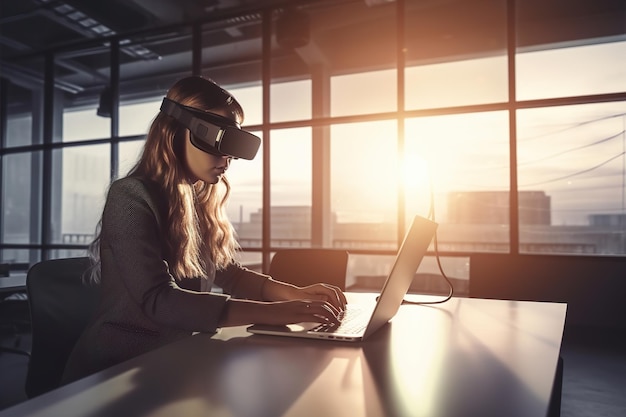 Uma pessoa sentada no escritório usando óculos VR