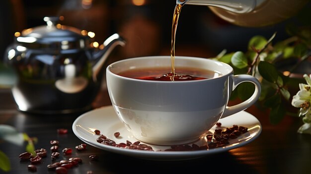 uma pessoa servindo café preto de um bule de cerâmica branca em uma xícara de café