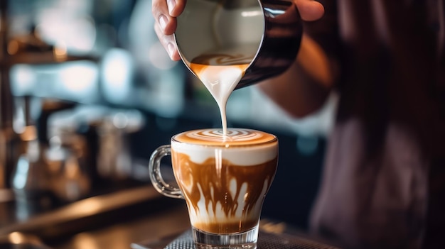 Uma pessoa servindo um cappuccino em uma xícara