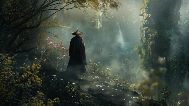 Uma pessoa solitária de casaco vagueia por um caminho envolto em névoa flanqueado por folhagem de outono Histórias misteriosas de vagabundos escondidas em cada linha