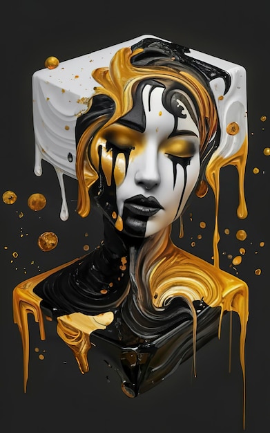 Uma pessoa surrealista branca, preta, azul, vermelha e dourada derretendo tinta aquarela