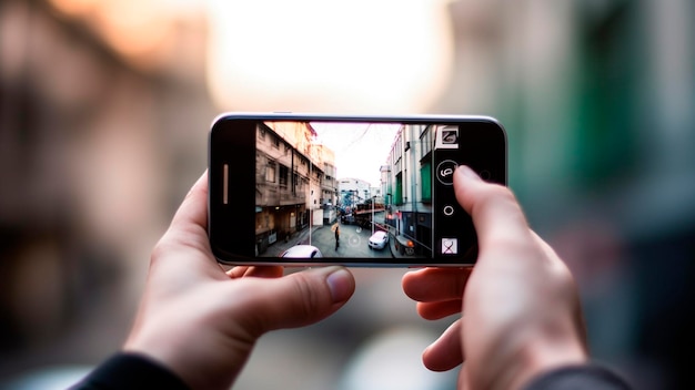 Uma pessoa tirando uma foto de uma rua com um telefone